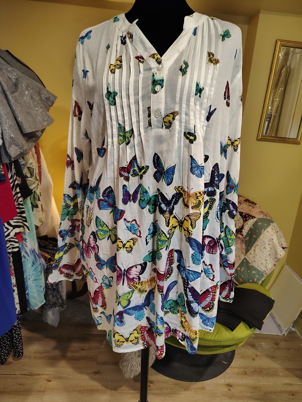 Butterfly-Print White Tunic Top - Lightweight Women's Tunic